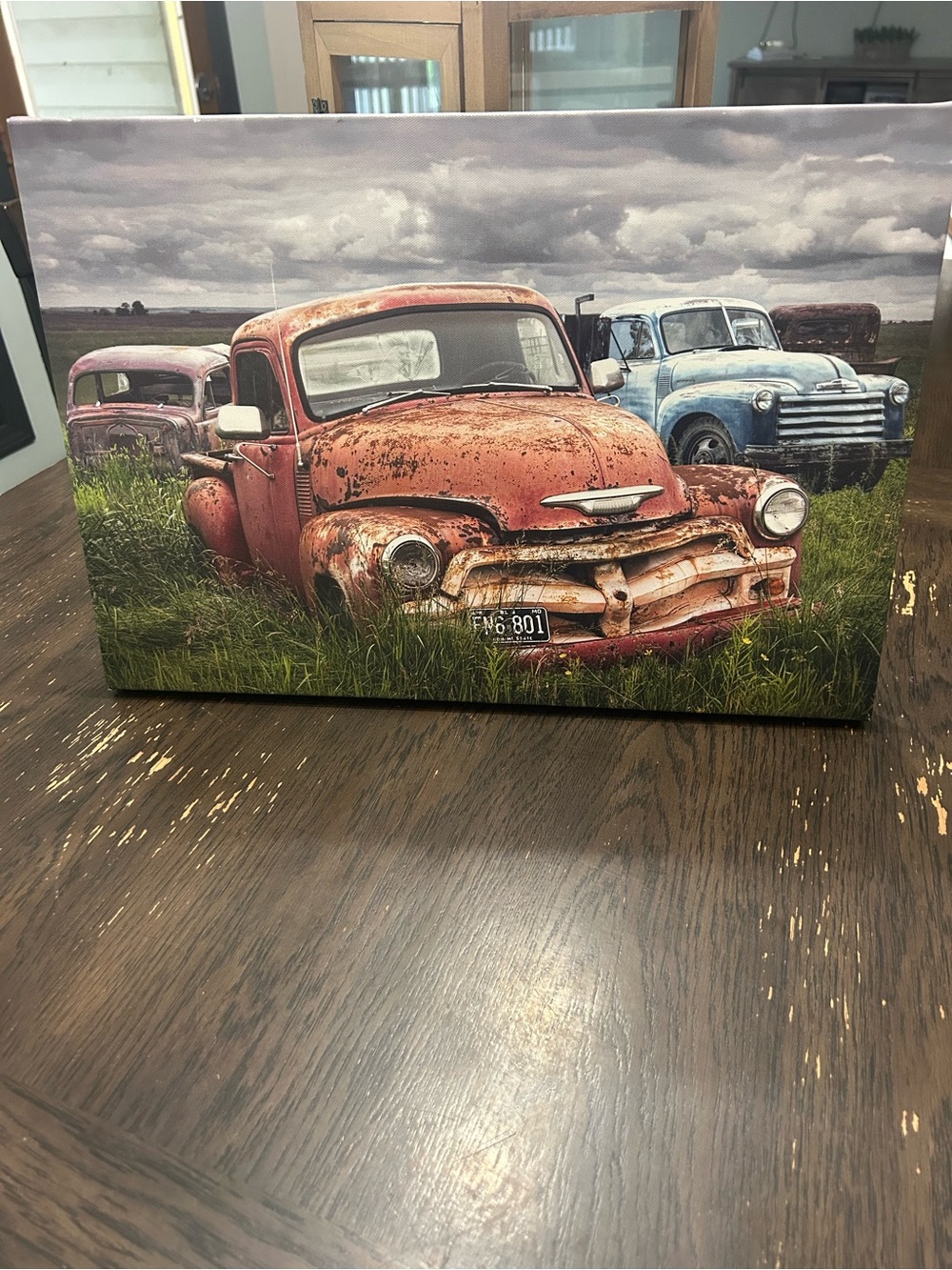 Vintage Rusty Truck Canvas Wall Art - Red and Blue Trucks